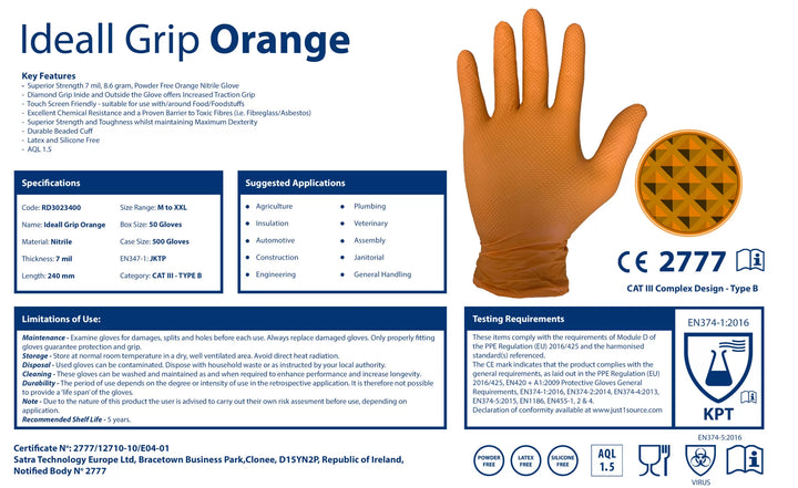 Mercator Orange Ideall® Puderfreier „Diamond Texture“ Grip-Nitrilhandschuh (50 Handschuhe)